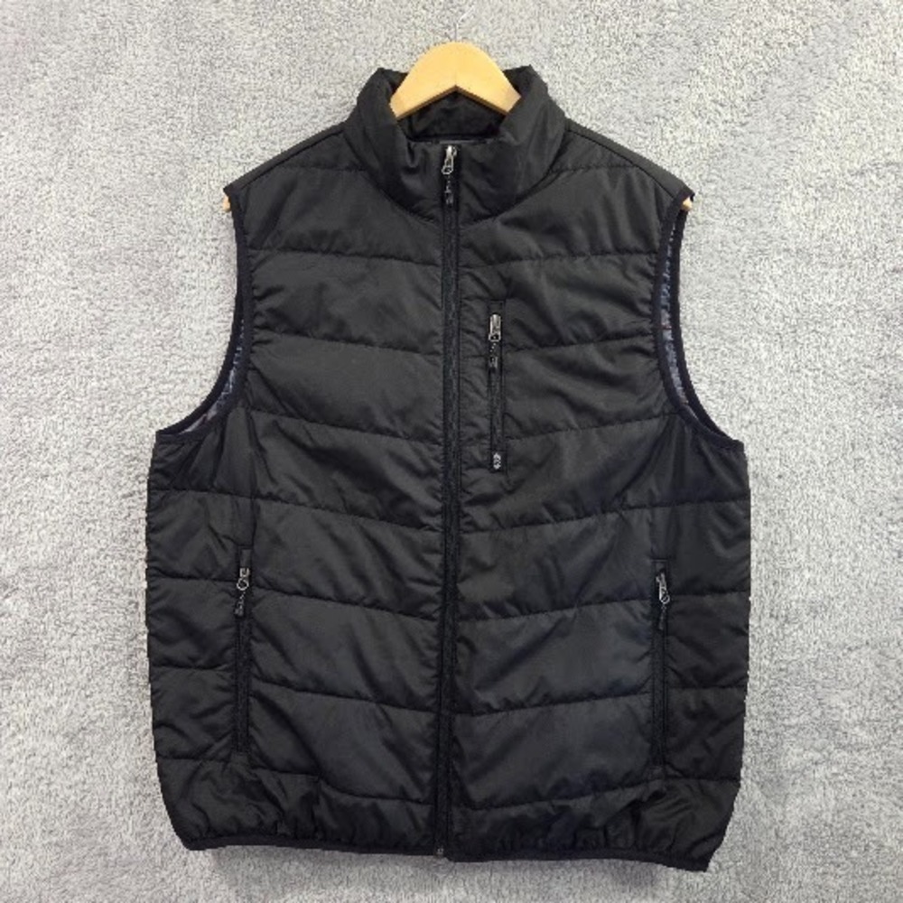 Free Country Puffer Vest Men's Large Black Plaid Lined Quilted Full Zip Utility